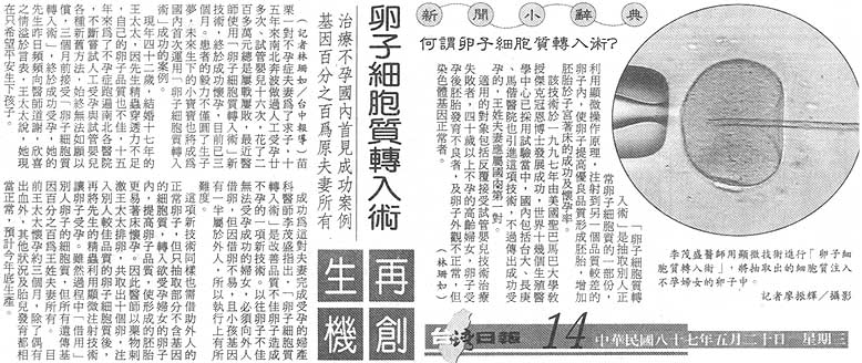 卵子細胞質轉入術再創生機