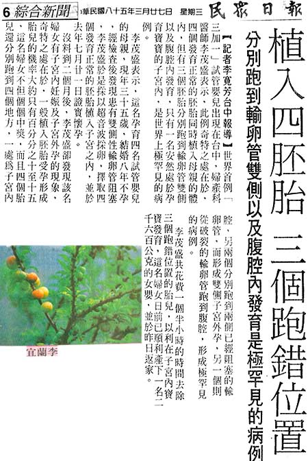 植入四胚胎三個跑錯位置