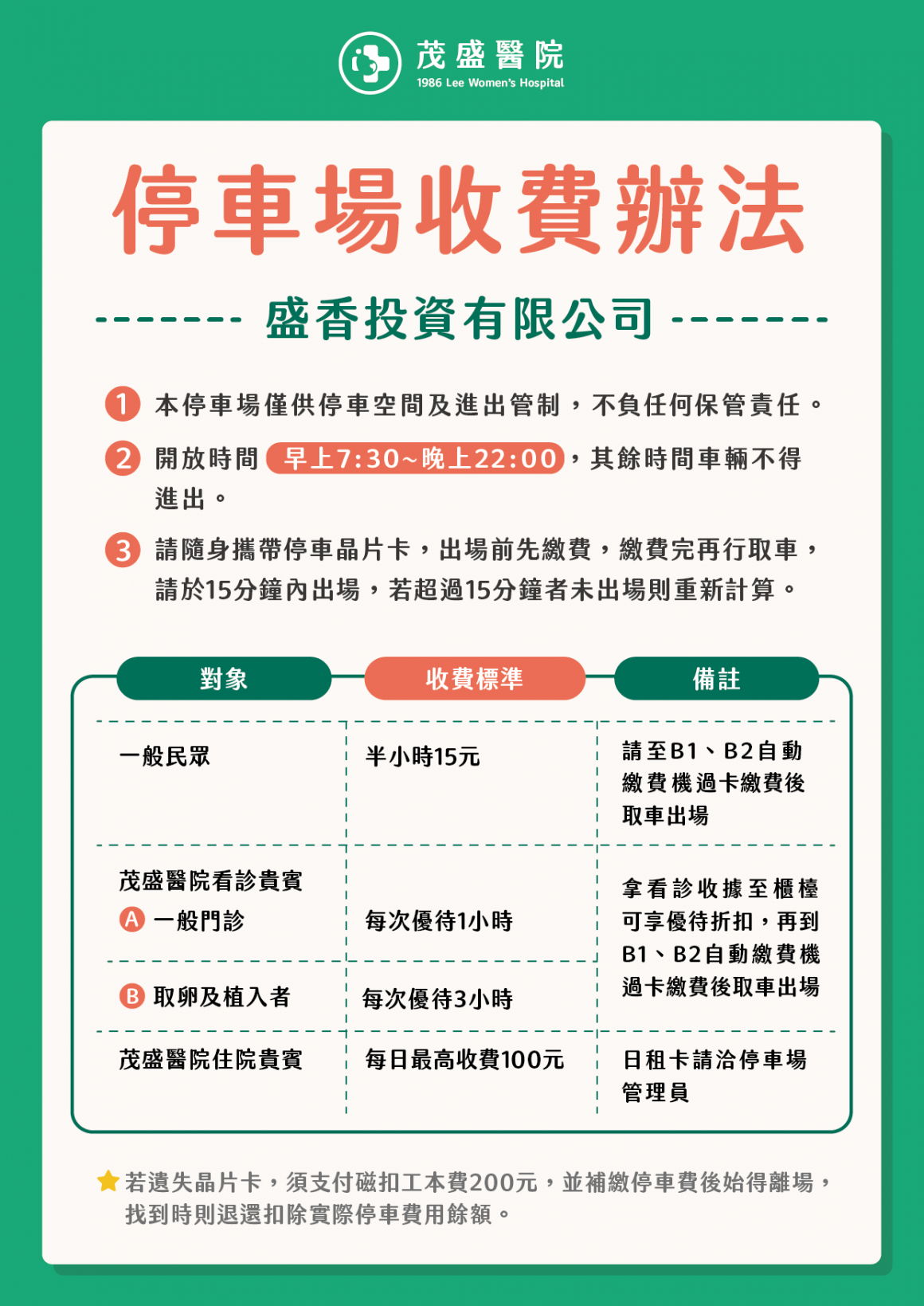 茂盛醫院 台中總院停車場公告