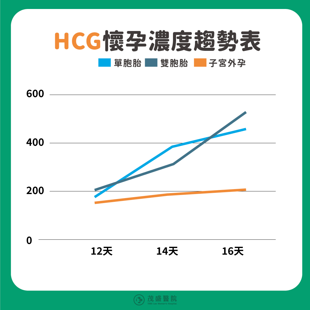 hCG 懷孕濃度趨勢表：單胞胎、雙胞胎及子宮外孕的曲線變化